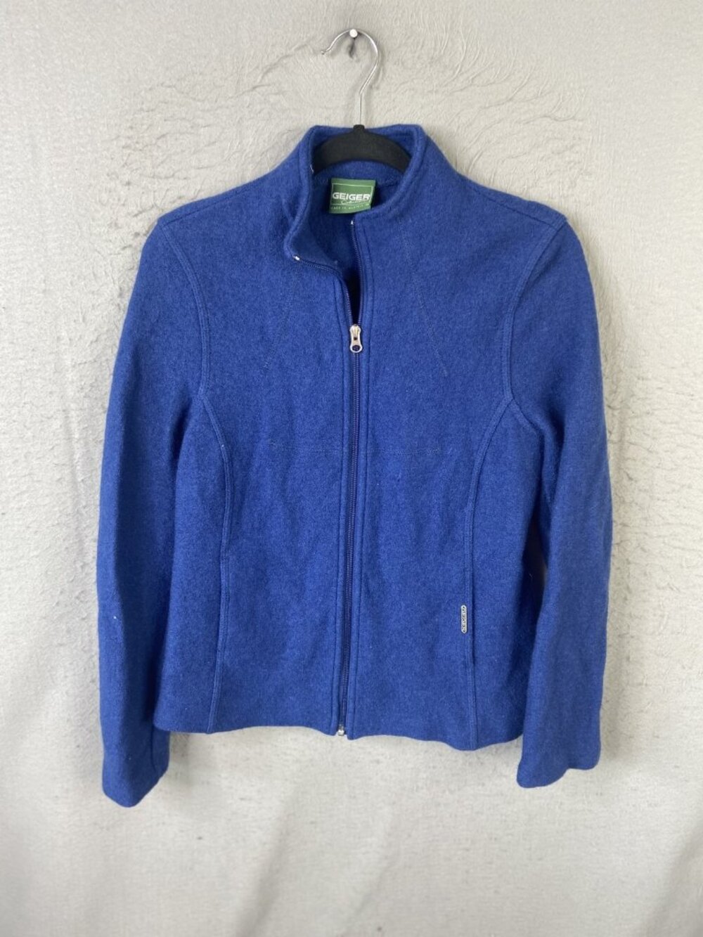Geiger Jacket Womens 38 Blue Wool Zip Front Collared Austria Travel Casual